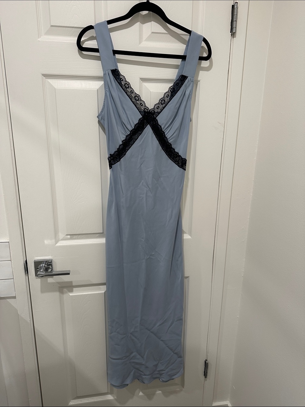 Reformation Pale Blue Slip Dress with Black Lace Accents